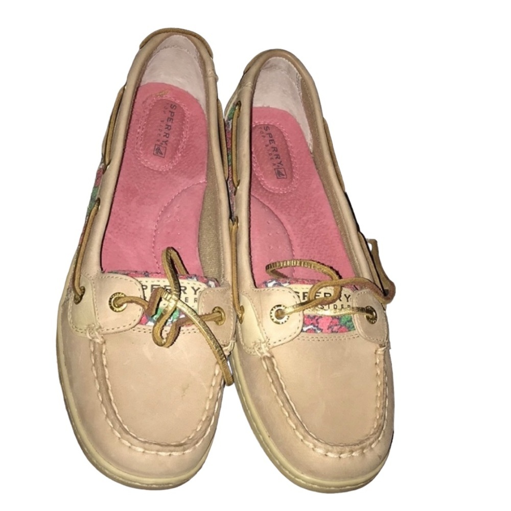 Sperry Top Siders size 8 tan deck shoes multi color trim sequin detail